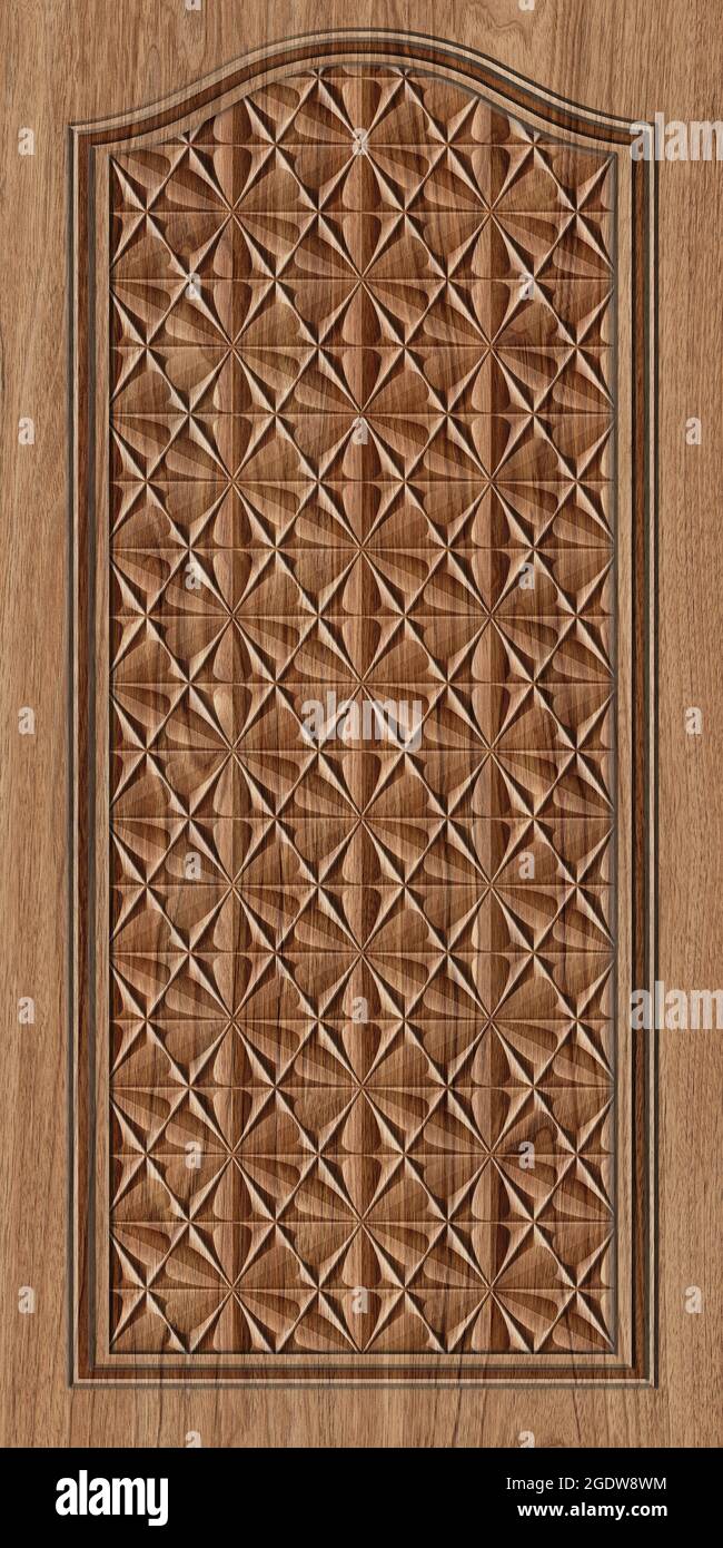 3D Tür Design Hintergrund, Laminat Holz Hochwertige Rendering dekorative Wandbild Tapete Illustration, 3D Carving Innenarchitektur. Stockfoto