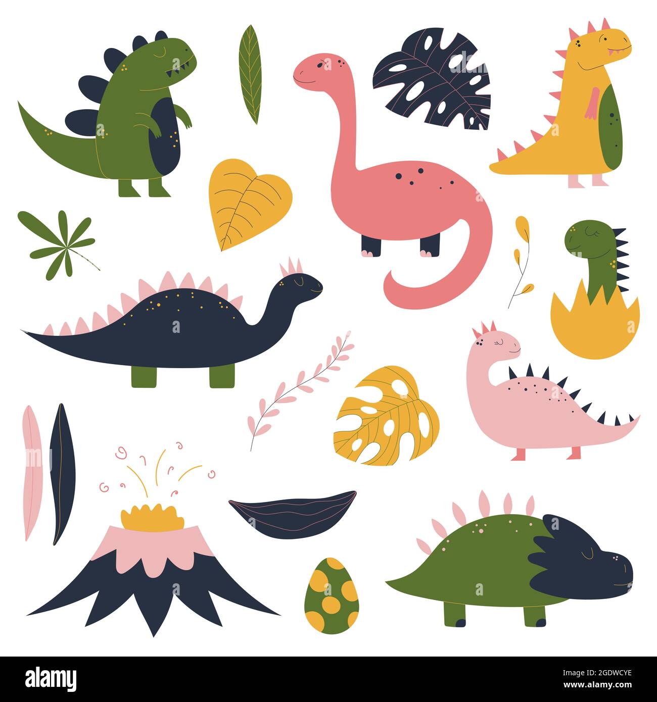 Farbenfrohes handgezeichnetes Set mit Dinosaurier, tropischen Blättern, Vulkan, Baby Dino im Ei. Farbenfrohes Design für die Kinderkrippe. Kindliche jurassische Reptilien Charaktere. Vektorgrafik Stock Vektor