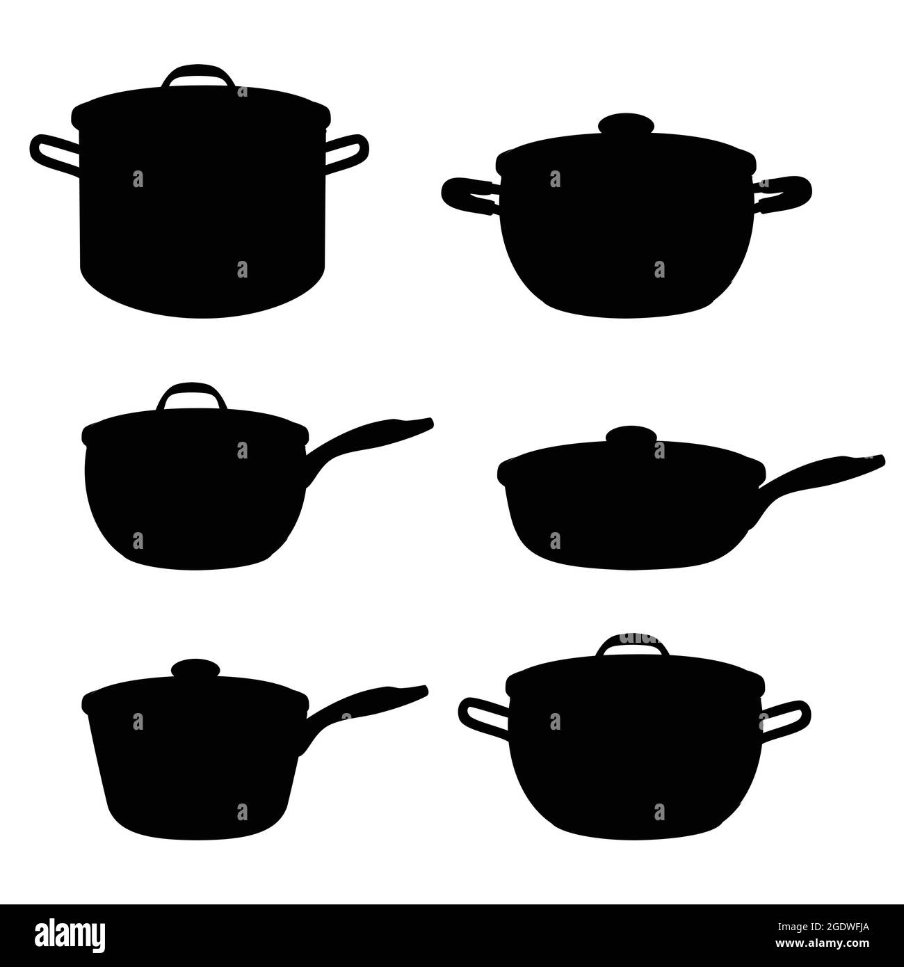 Schwarze Silhouette von Pfannen, Töpfen und Kochtöpfen isoliert auf weißem Hintergrund. Vektor Stock Vektor