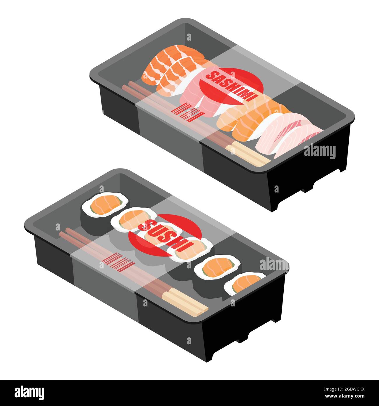 Sushi-to-go-Konzept. Takeaway-Box mit Sushi, Sashimi isoliert auf weißem Hintergrund. Vektor Stock Vektor