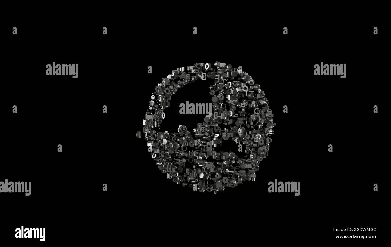 3d Rendering verschiedene mechanische glänzende Metallteile in Form eines Symbols des Globus Asien Kontinent isoliert auf schwarzem Hintergrund Stockfoto