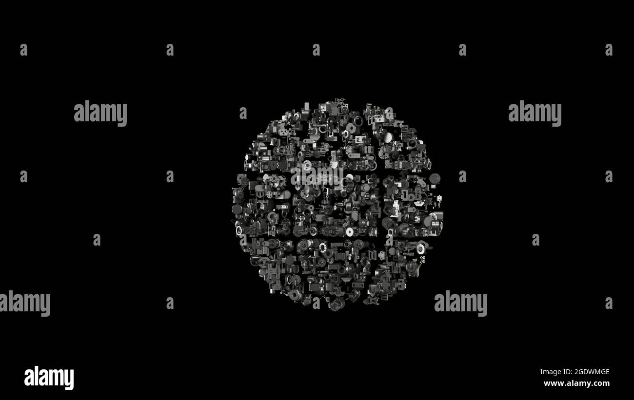 3d-Rendering verschiedener mechanischer glänzender Metallteile in Form eines Symbols des geografischen Globus isoliert auf schwarzem Hintergrund Stockfoto
