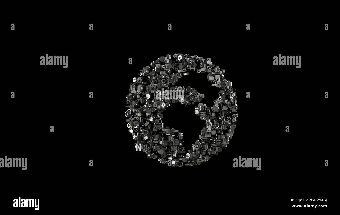 3d Rendering verschiedene mechanische glänzende Metallteile in Form von Symbol des Globus mit Afrika Kontinent isoliert auf schwarzem Hintergrund Stockfoto