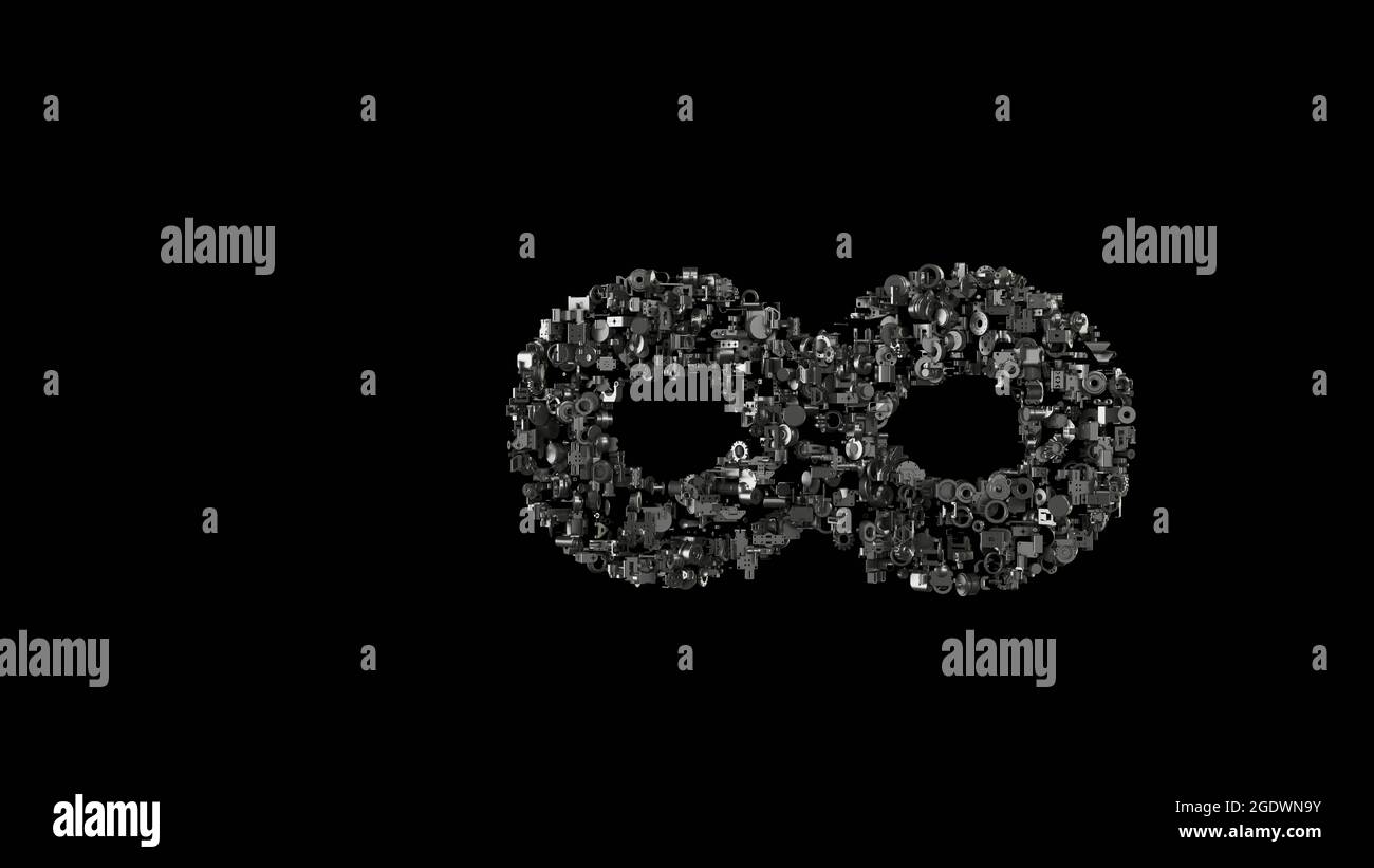 3d-Rendering verschiedene mechanische glänzende Metallteile in Form eines Symbols für Unendlichkeit auf schwarzem Hintergrund isoliert Stockfoto