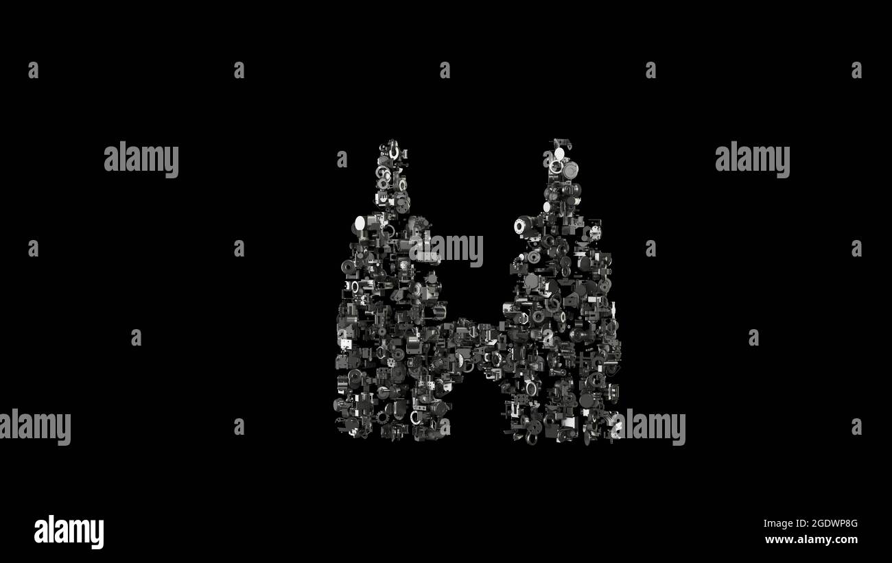 3d-Rendering verschiedener mechanischer glänzender Metallteile in Form eines Symbols von Petronas Zwillingsturm isoliert auf schwarzem Hintergrund Stockfoto