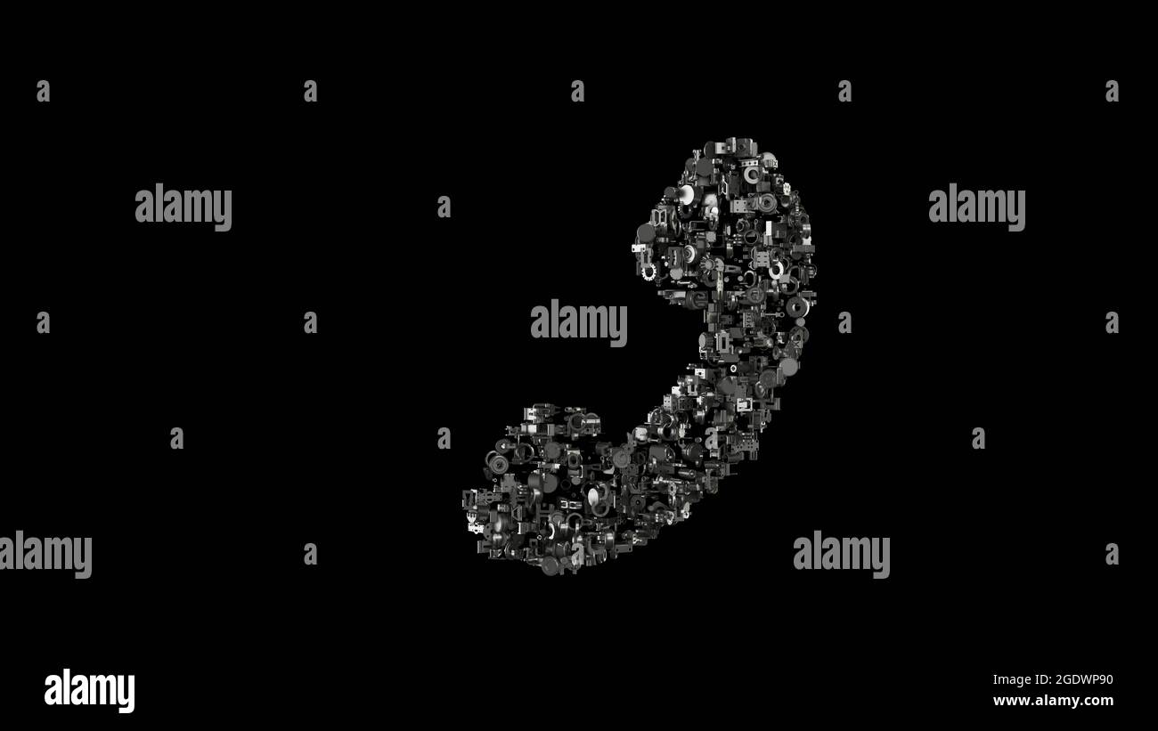 3d-Rendering verschiedene mechanische glänzende Metallteile in Form eines Symbols für Kopfhörer isoliert auf schwarzem Hintergrund Stockfoto