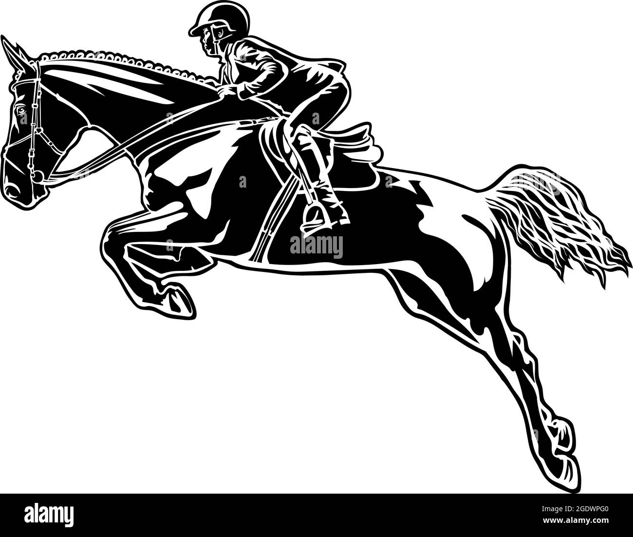 Ein Reiter auf einem Pferd überwindet ein Hindernis und zeichnet auf weißem Hintergrund, Springreiten, Weltwettbewerbe, olympische spiele. Stock Vektor