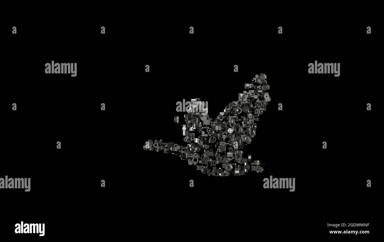 3d-Rendering verschiedene mechanische glänzende Metallteile in Form eines Symbols für fliegende Gänsewildvögel auf schwarzem Hintergrund isoliert Stockfoto