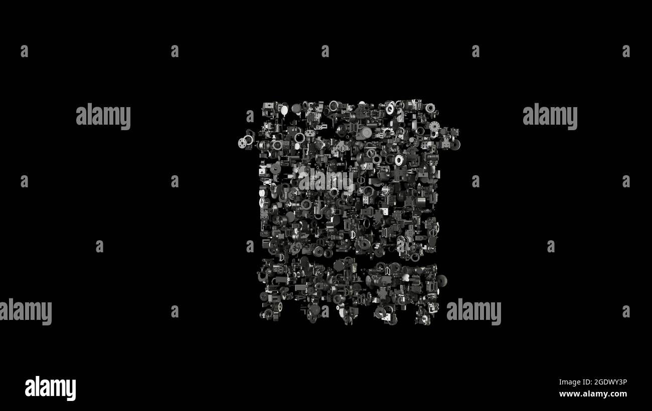 3d-Rendering verschiedene mechanische glänzende Metallteile in Form eines Symbols von Hängetuch im Badezimmer isoliert auf schwarzem Hintergrund Stockfoto