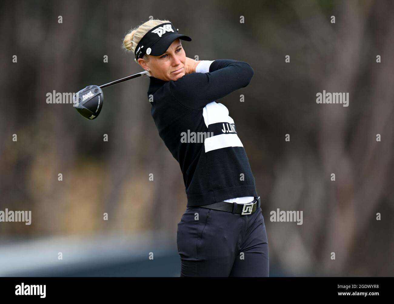 Ryann O'Toole am ersten Abschlag am vierten Tag der Trust Golf Women's Scottish Open in Dumbarnie Links, St Andrews. Bilddatum: Sonntag, 15. August 2021. Stockfoto