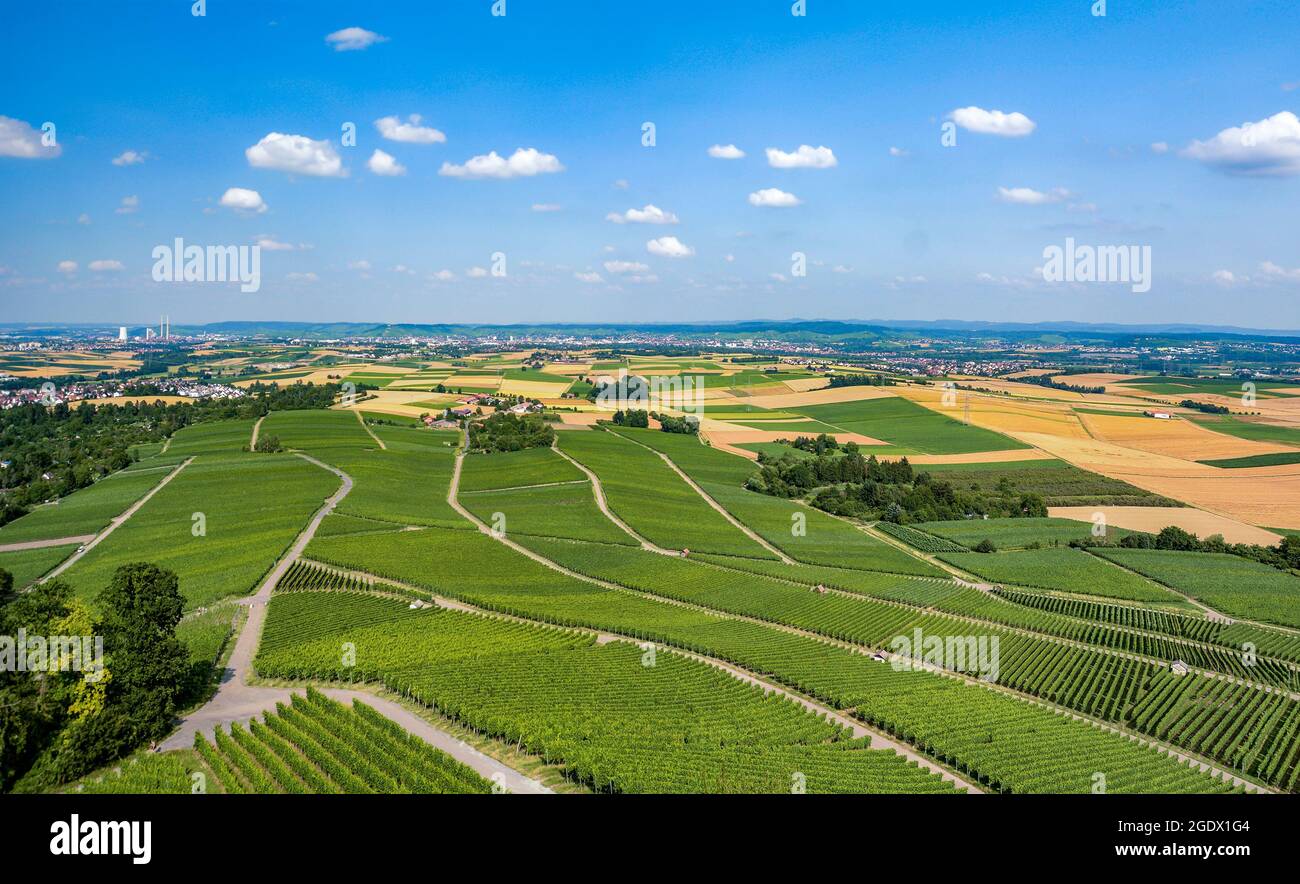 Landschaft in Deutschland in Baden Württemberg. Heilbronn und Umgebung, von Heuchelberg, Weinberg und Flugzeug aus gesehen Stockfoto