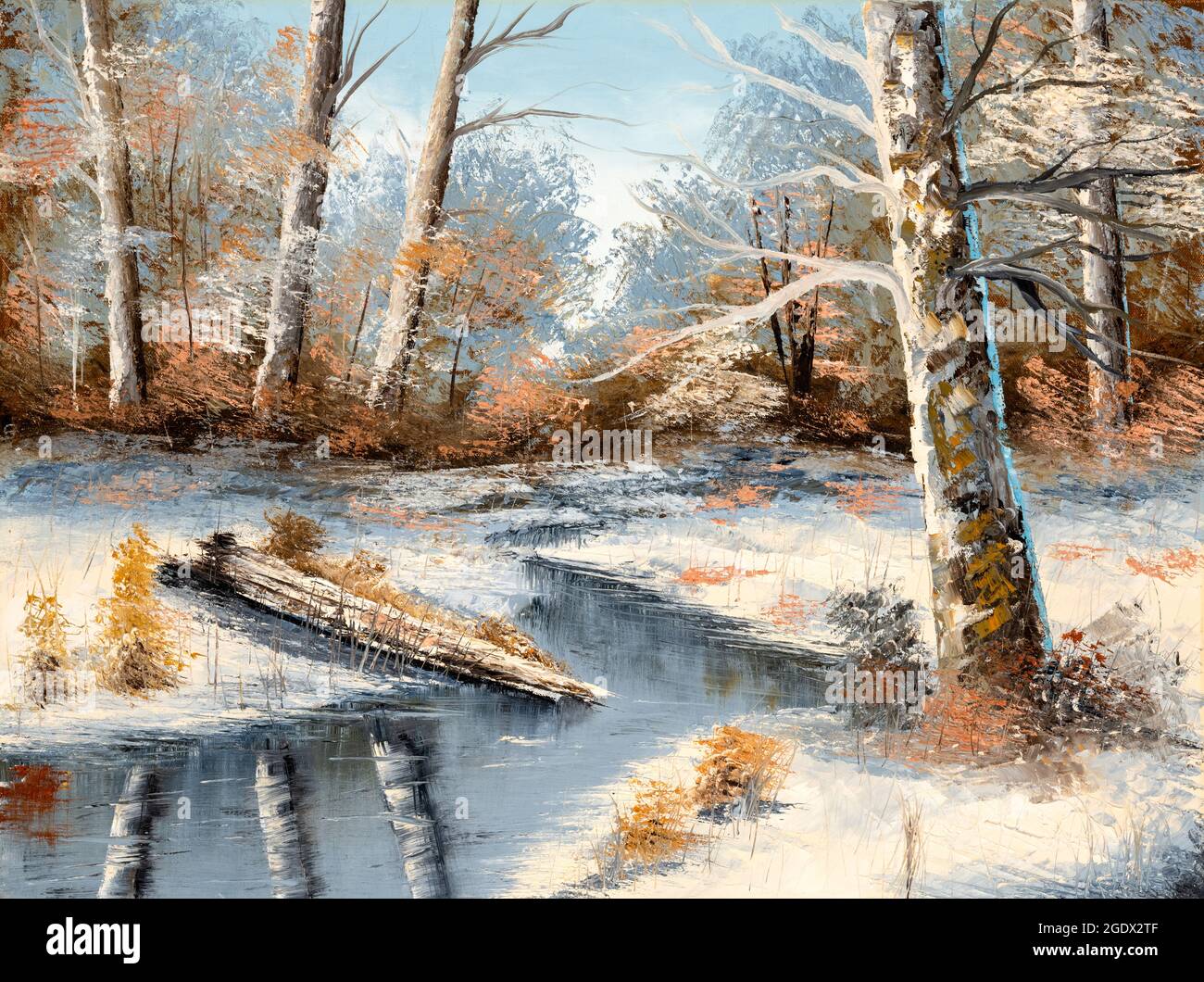 Original Ölgemälde einer schönen ländlichen Winterlandschaft mit einem Bach und Bergen im Hintergrund. Weihnachtsfeiertagskonzept. Stockfoto
