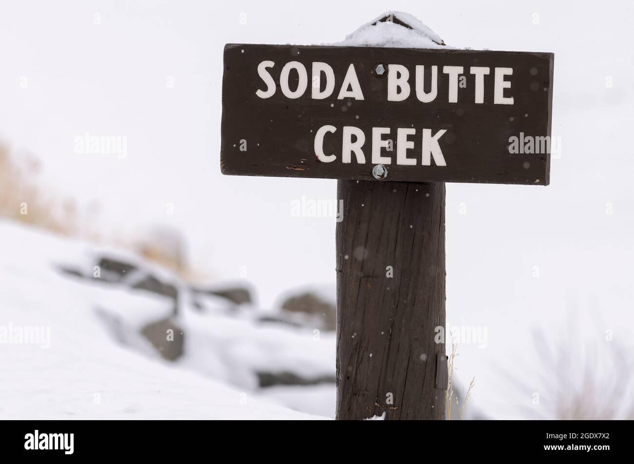 Soda Butte Creek Schild im Schnee im Lamar Valley, Yellowstone Nationalpark Stockfoto