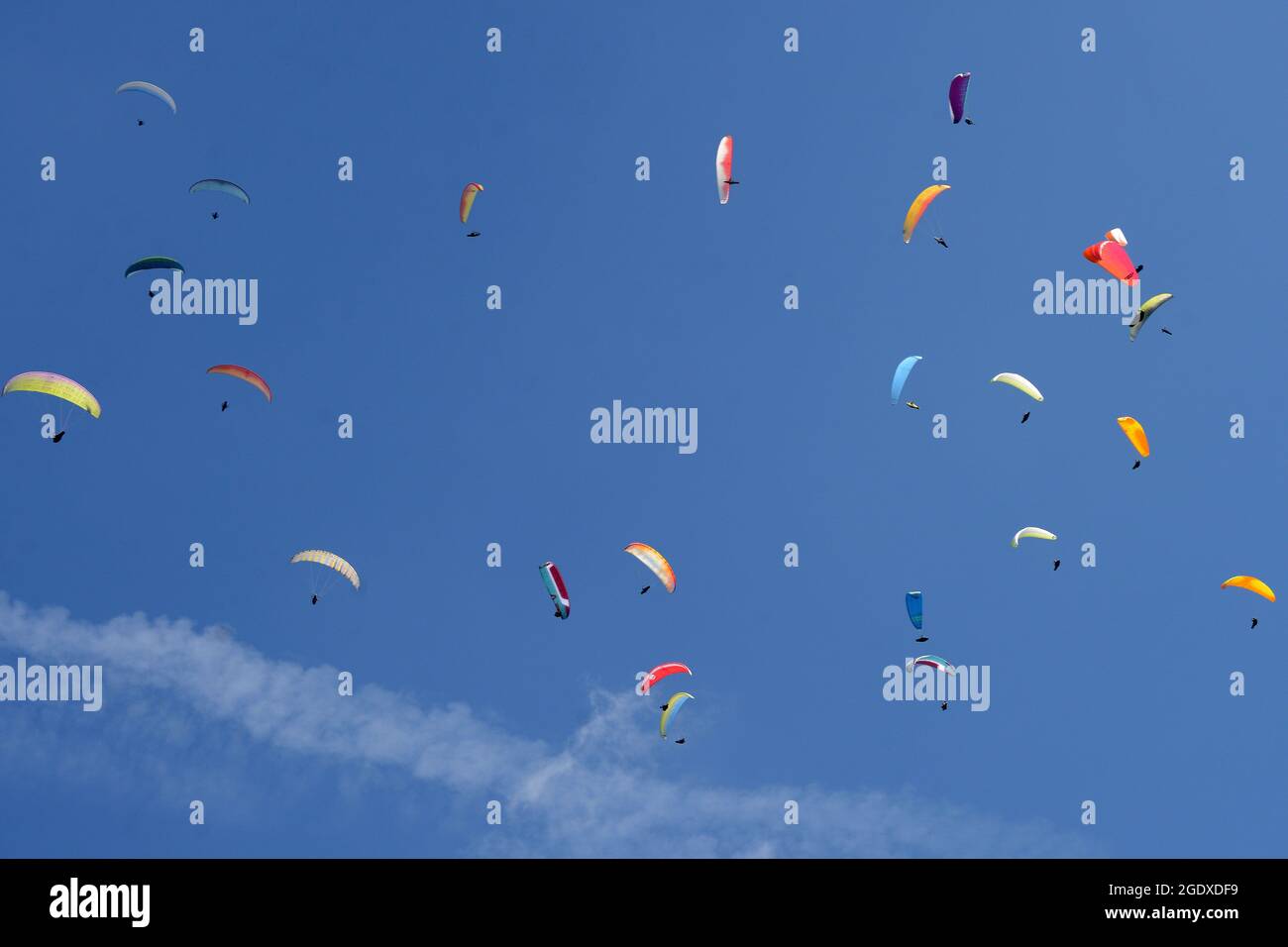Kozakov, Tschechische Republik. August 2021. Teilnehmer am Paragliding-Wettbewerb im Rahmen der Veranstaltung „Riesengebirge Open 2021“ auf dem Kozakov im Böhmischen Paradies in der Tschechischen Republik. Bei den Giant Mountains Open 2021 kämpfen 56 Piloten aus 4 Nationen über 4 Tage. (Bild: © Slavek Ruta/ZUMA Press Wire) Bild: ZUMA Press, Inc./Alamy Live News Stockfoto