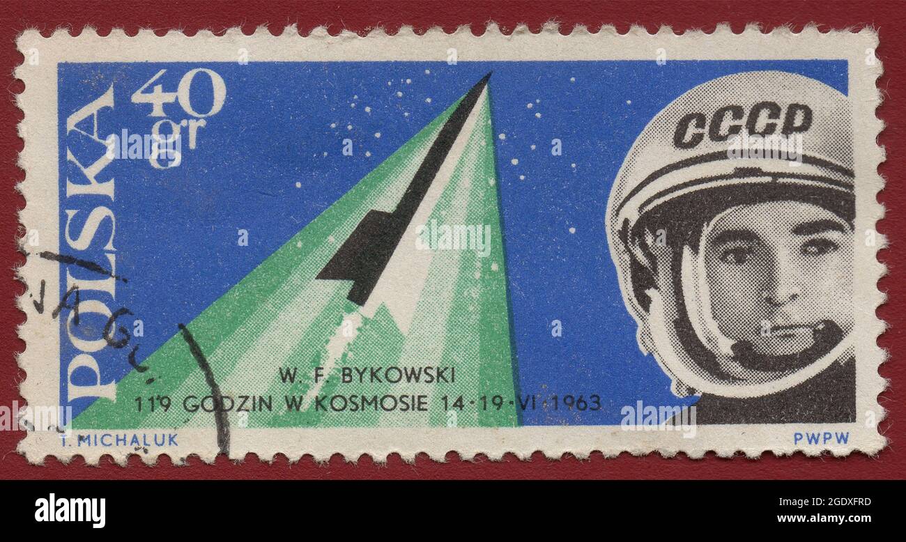 POLEN- UM 1963: Polnische Briefmarke gewidmet Kosmonaut Bykovsky, um 1963. Stockfoto