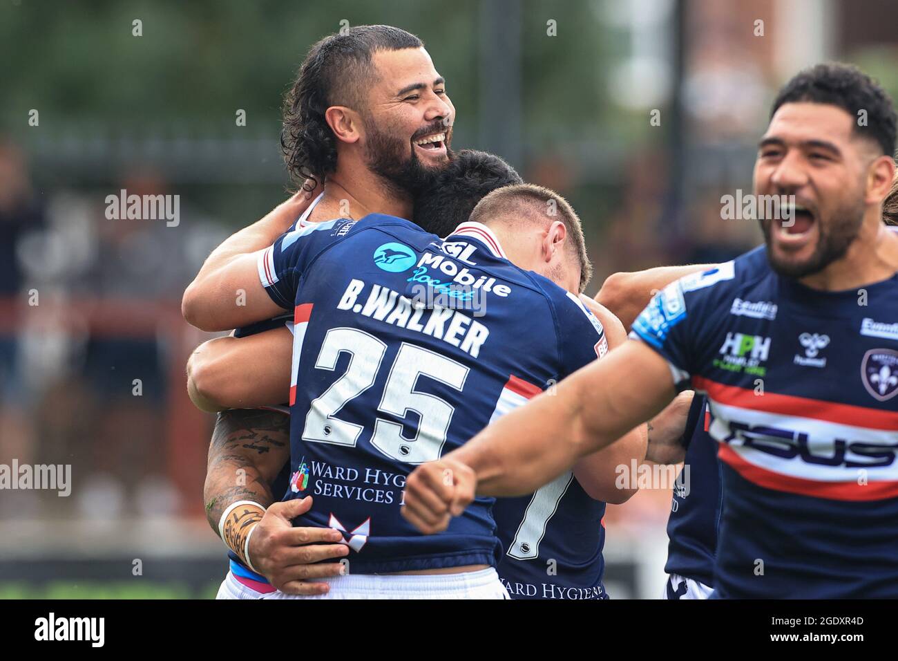 David Fifita (8) von Wakefield Trinity feiert am 8/15/2021 seinen Versuch in Wakefield, Großbritannien. (Foto von Mark Cosgrove/News Images/Sipa USA) Stockfoto