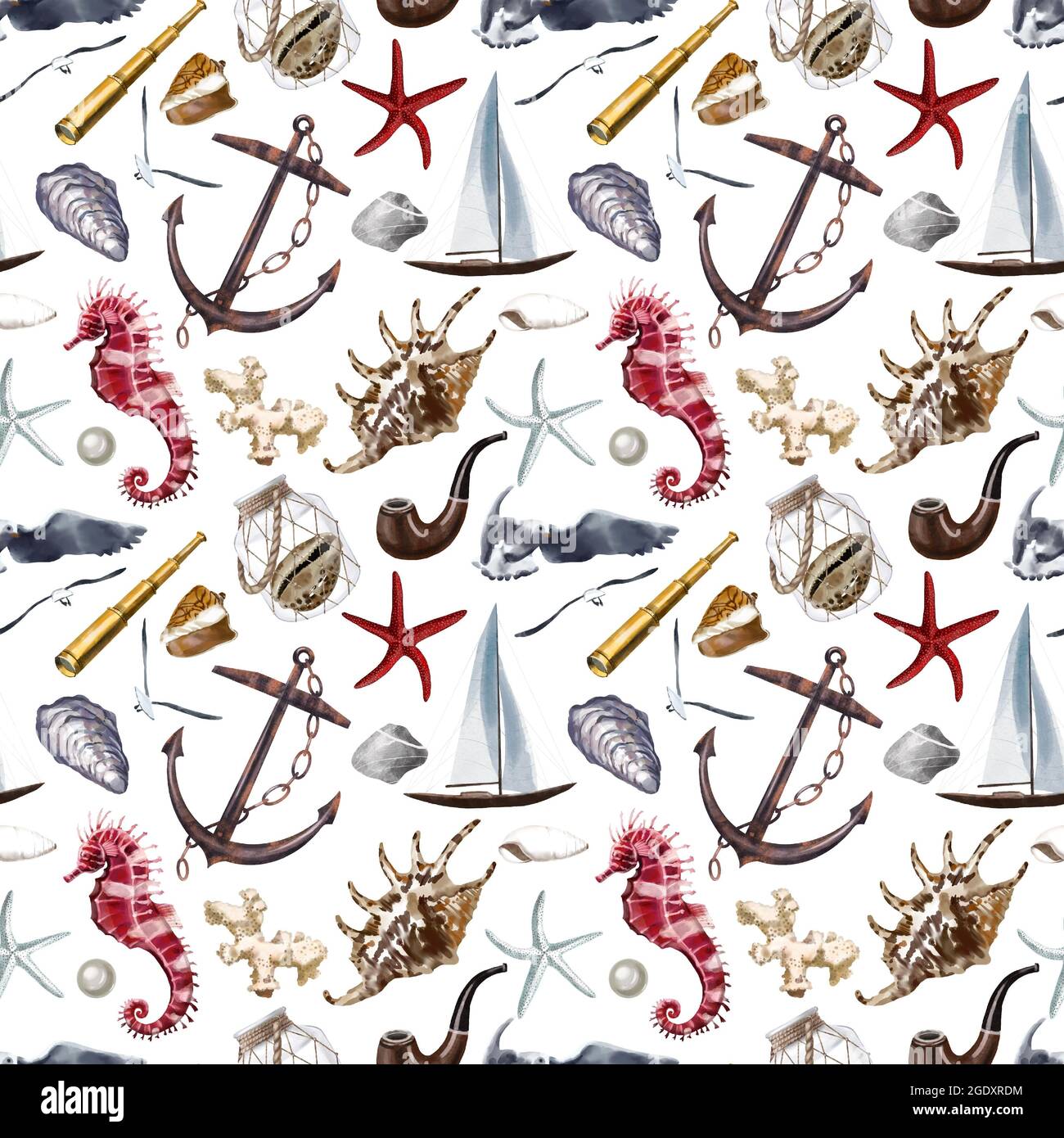 Nahtloses Muster mit Aquarell-Illustrationen von Muscheln Stockfoto