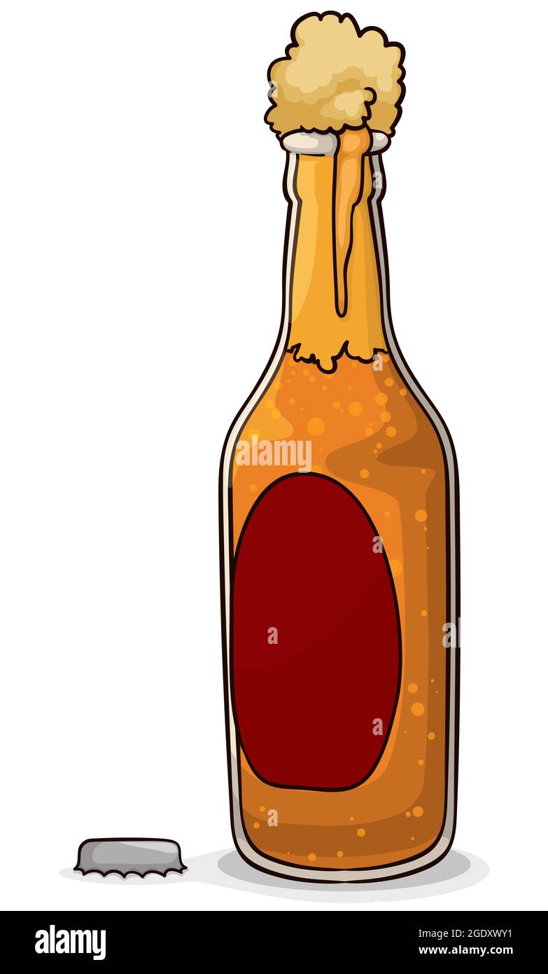 Geöffnete Glasflasche mit leichtem Bier mit Blasen und reichlich Schaum, im Cartoon-Stil. Stock Vektor