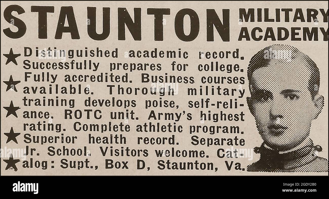 1940er Jahre Werbung für die Staunton Military School. Virginia, USA Stockfoto