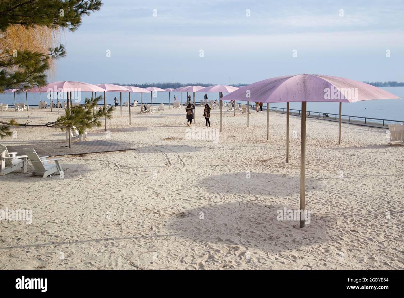 Liegestühle mit Sonnenschirmen an einem sonnigen Tag im Winter Stockfoto