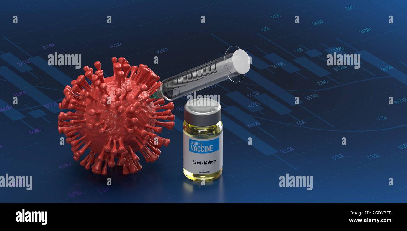Eine Spritze in einer 3D-Render-Covid-19-Bakterienzelle. Fläche des Economy- und Finanzliniendiagramms mit Kopierfläche. Datendiagramm des Anstiegs des Mutanten-Deltas Stockfoto