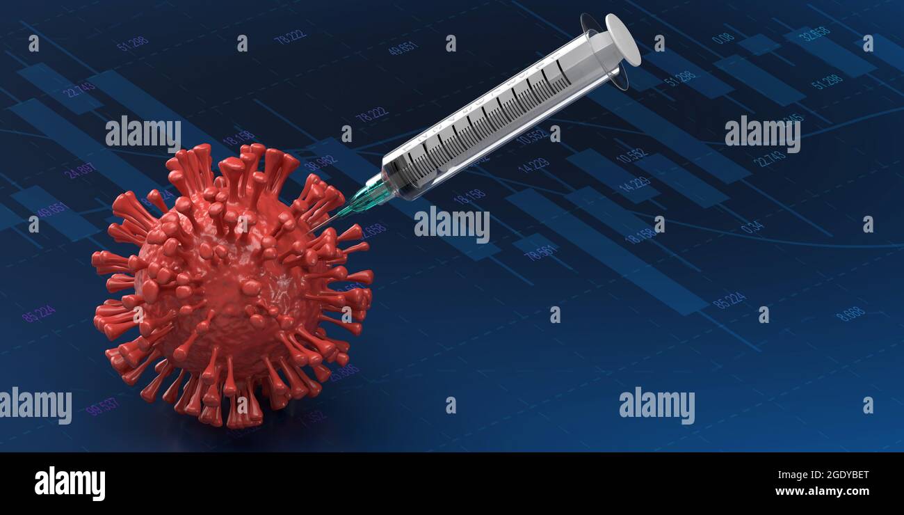 Eine Spritze in einer 3D-Render-Covid-19-Bakterienzelle. Fläche des Economy- und Finanzliniendiagramms mit Kopierfläche. Datendiagramm des Anstiegs des Mutanten-Deltas Stockfoto