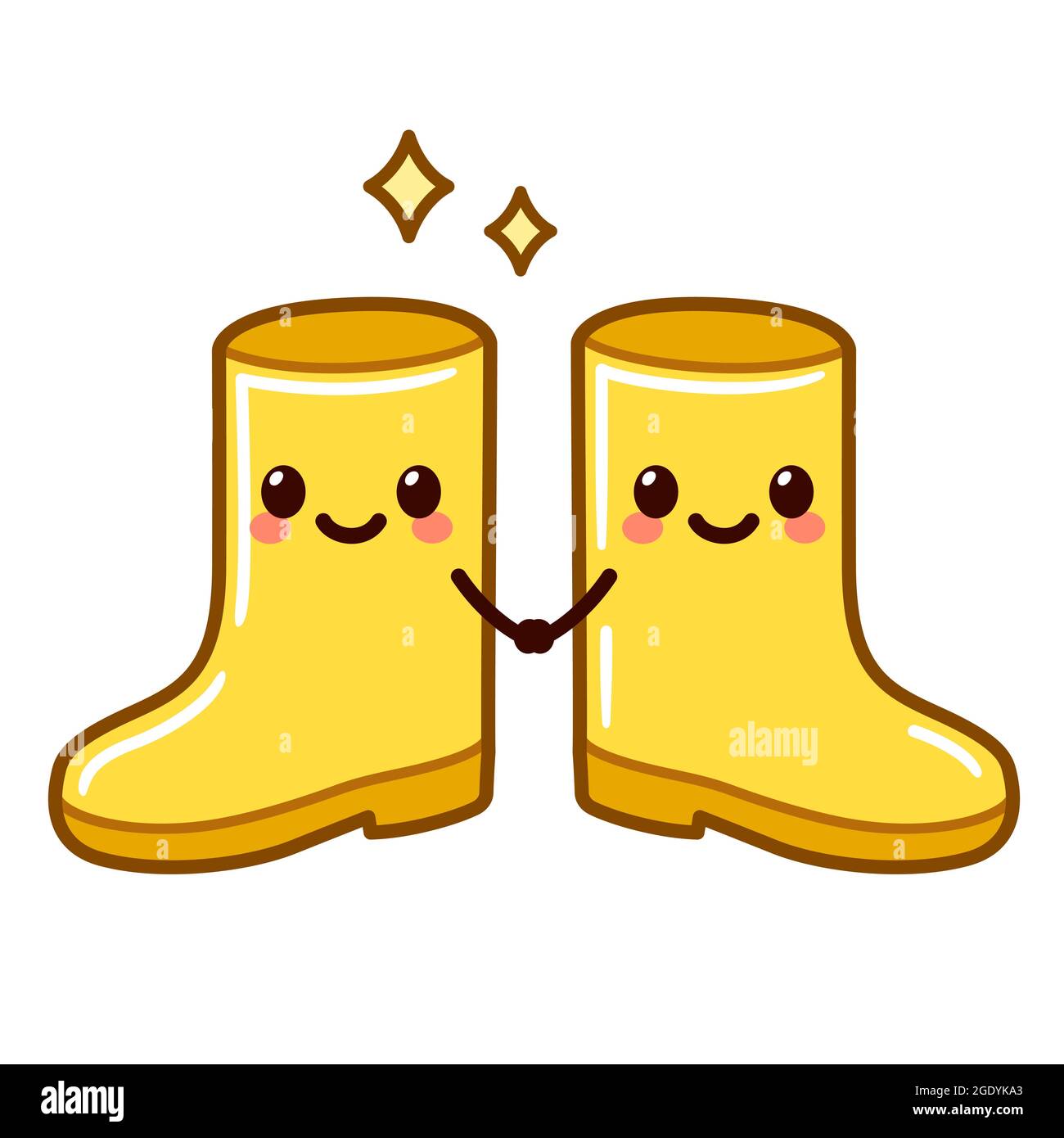 Zwei gelbe Regenstiefel mit niedlichen Gesichtern, die die Hände halten. Kawaii Gummi Boot paar, Vektor Clip Art Illustration. Stock Vektor