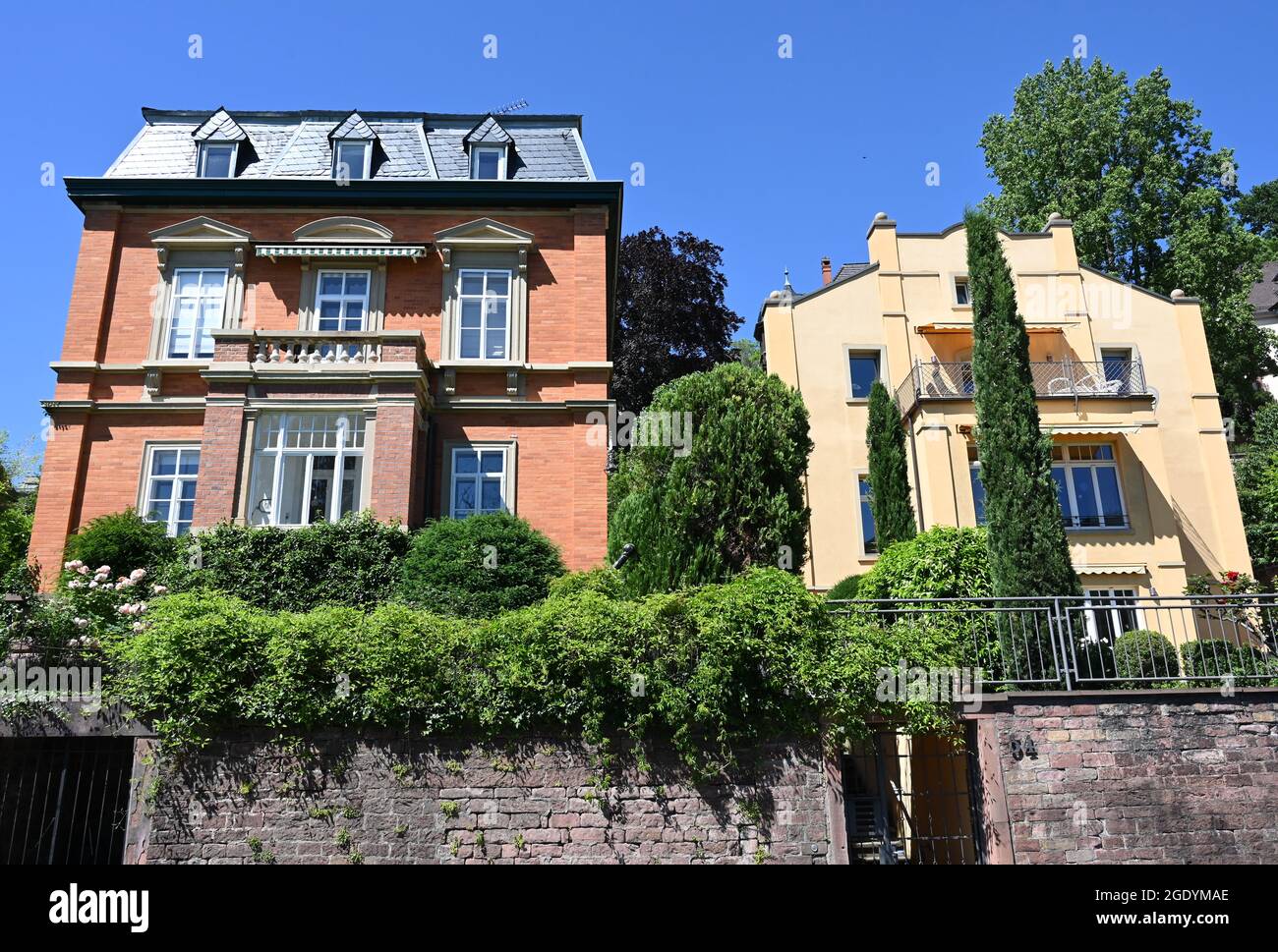 Villen am Neckarufer in Heidelberg Stockfoto