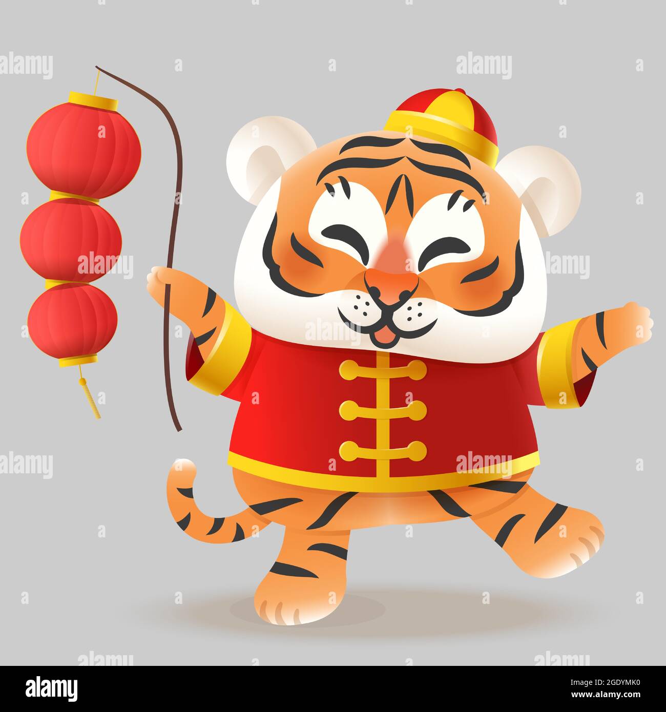 Tiger mit traditioneller chinesischer Tracht und Laterne - Feiern Sie chinesisches Neujahr - Jahr des Tigers - Vektor-Illustration isoliert Stock Vektor