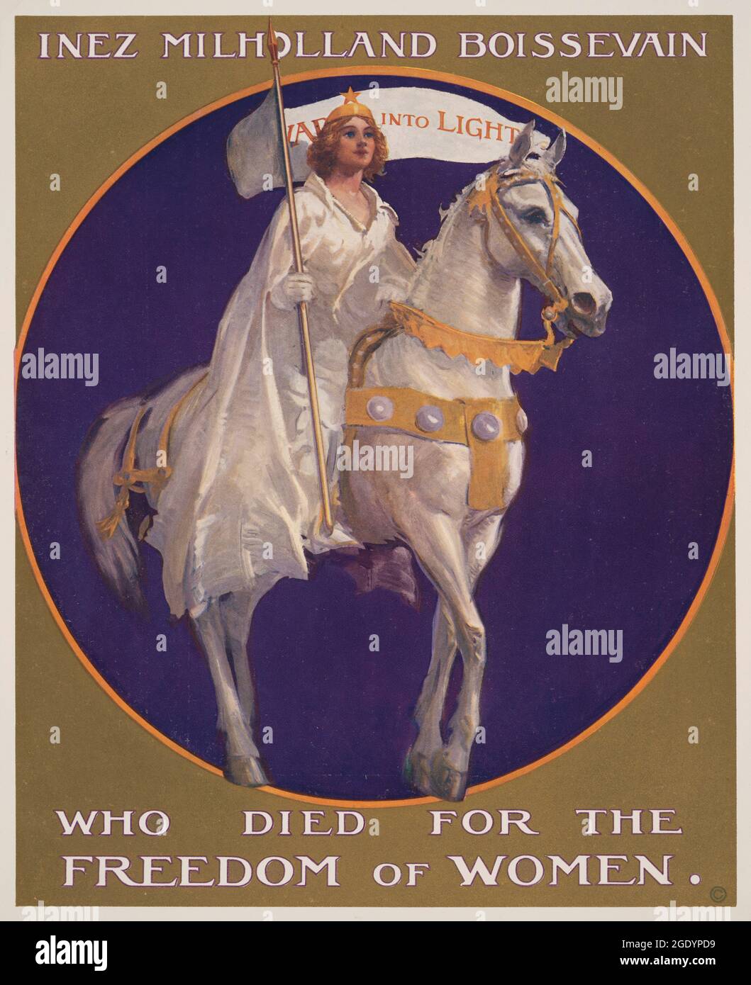 Wahlrecht-Plakat, auf dem Inez Milholland Boissevain weiß gekleidet und auf einem weißen Pferd reitet, wie es sie für die Wahlrechtsparade am 3. März 1913 in Washington, D.C., tat Stockfoto
