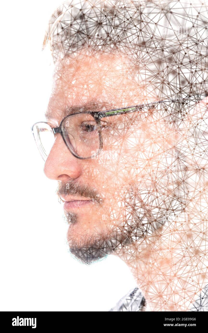 Porträt eines jungen Mannes in Brille kombiniert mit Computergrafik Stockfoto