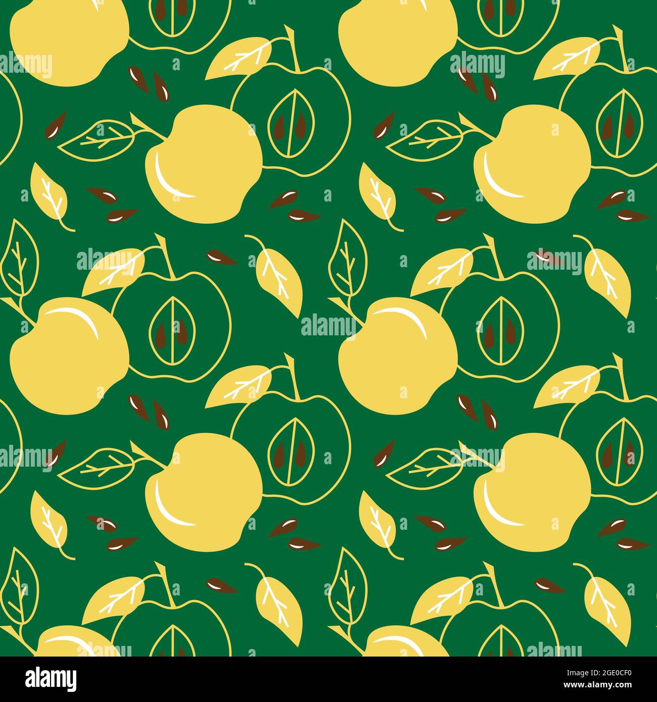 Muster mit gelben Äpfeln. Obst-Illustration auf grünem Hintergrund. Vektorzeichnung. Stock Vektor