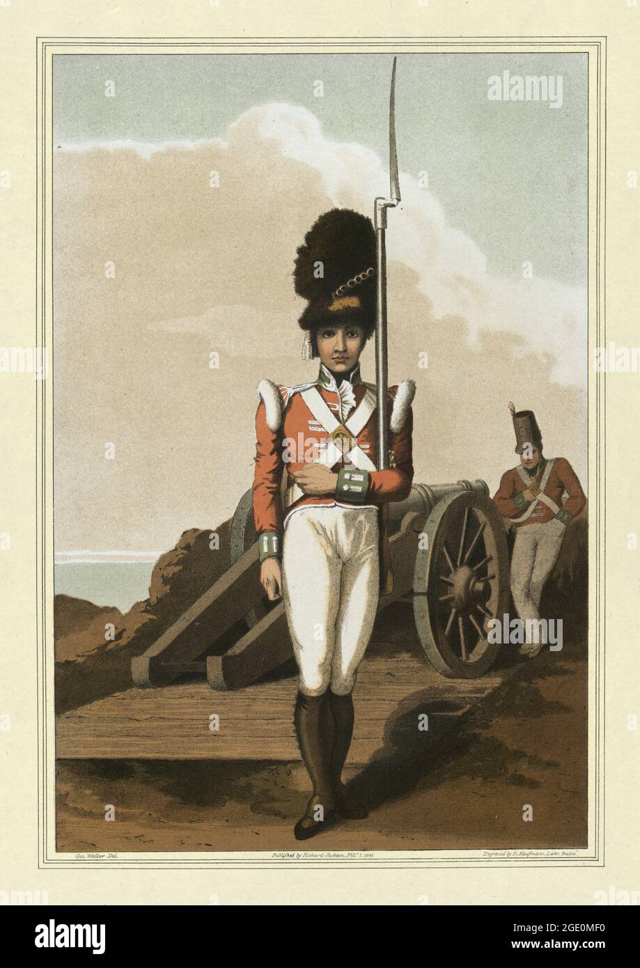The Costume of Yorkshire von George Walker, Grenadier der ersten West Yorkshire Miliz, britische Militäruniform des frühen 19. Jahrhunderts Stockfoto