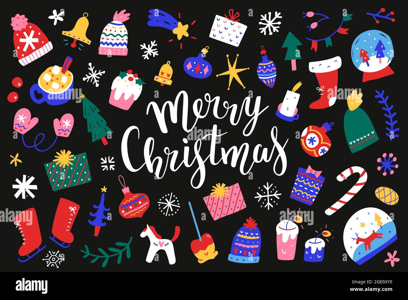 Weihnachts-Doodle-Illustrationen-Set, Sammlung von festlichen Objekten, weihnachtskugeln, Geschenkschachteln, fröhliche weihnachtsbeschriftung, Vektor-Cliparts isoliert Stock Vektor