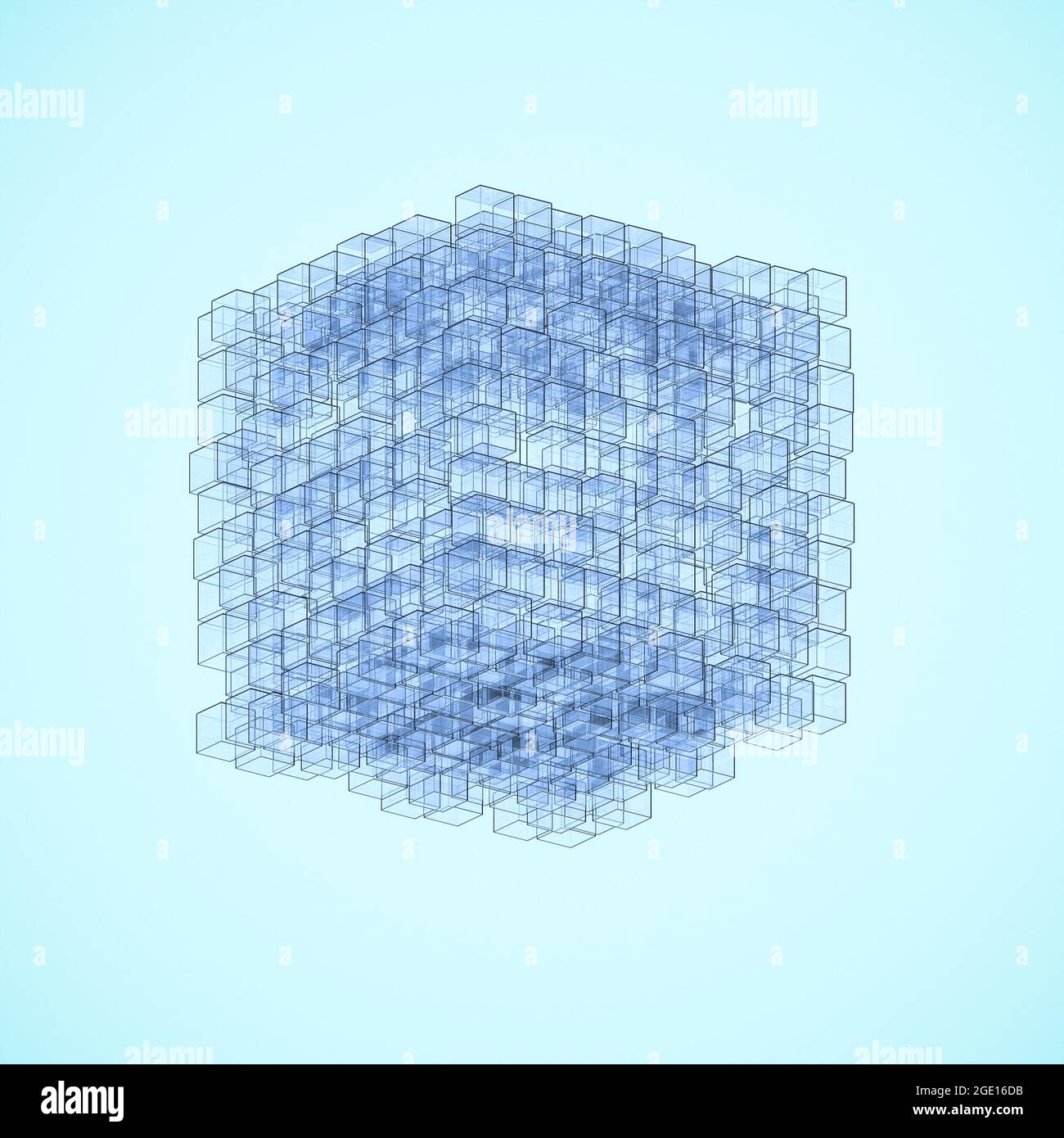 Ein Würfel aus Glaswürfeln abstraktes Bild. Einige Würfel verschoben. Reflexion, neutraler Hintergrund. Data Cube-Konzept. Stockfoto