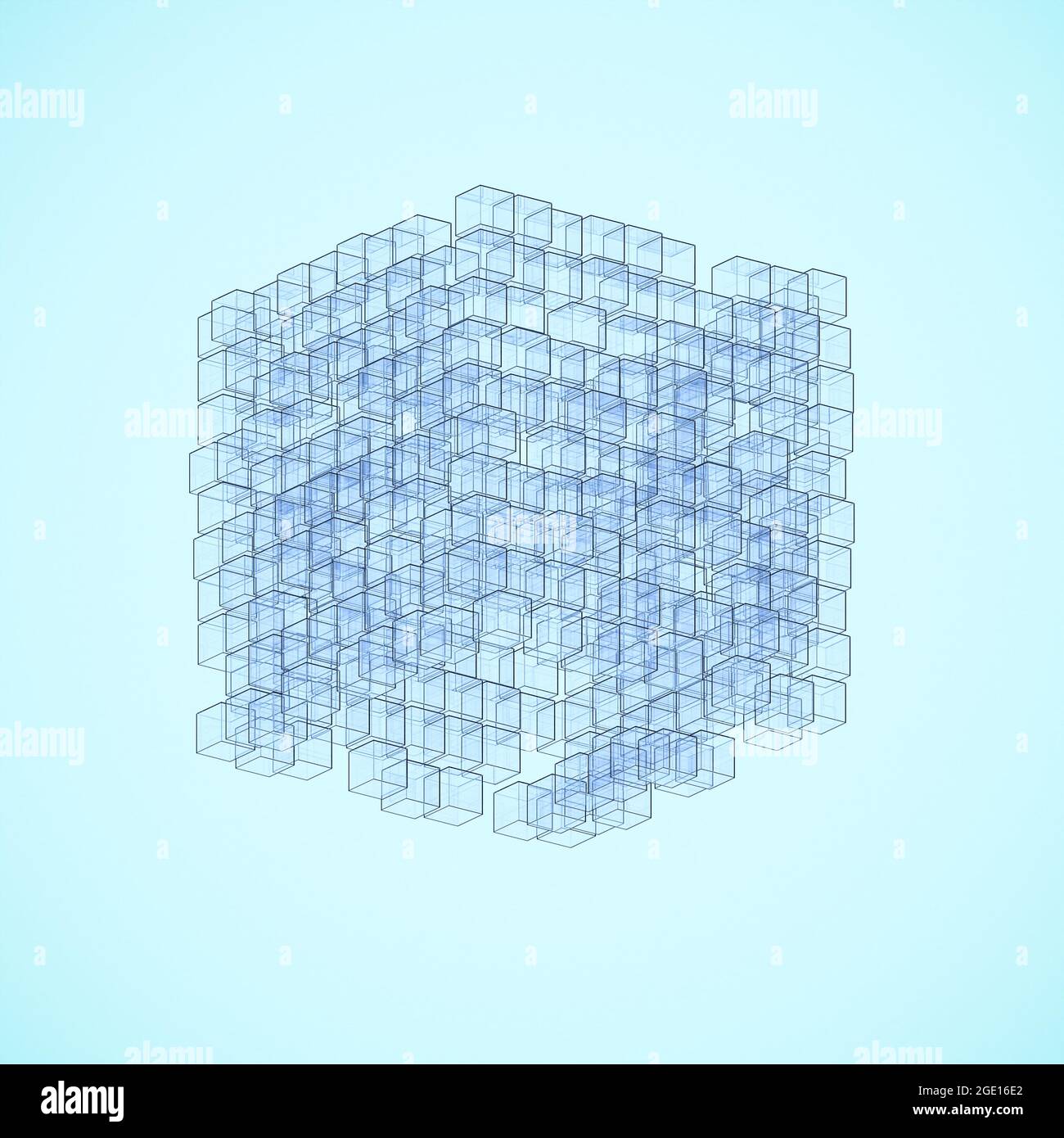 Ein Würfel aus Glaswürfeln abstraktes Bild. Einige Würfel verschoben. Reflexion, neutraler Hintergrund. Data Cube-Konzept. Stockfoto