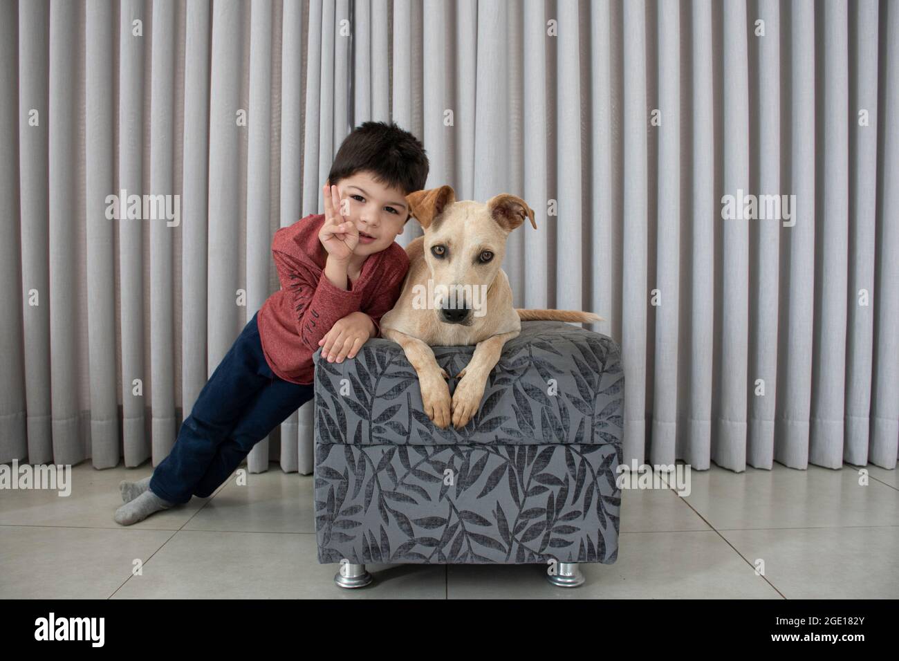 Junge und Hund zusammen auf einem Ottomane im Wohnzimmer eines modernen Hauses. Kinderpartner Ihres besten Haustierfreundes. Stockfoto