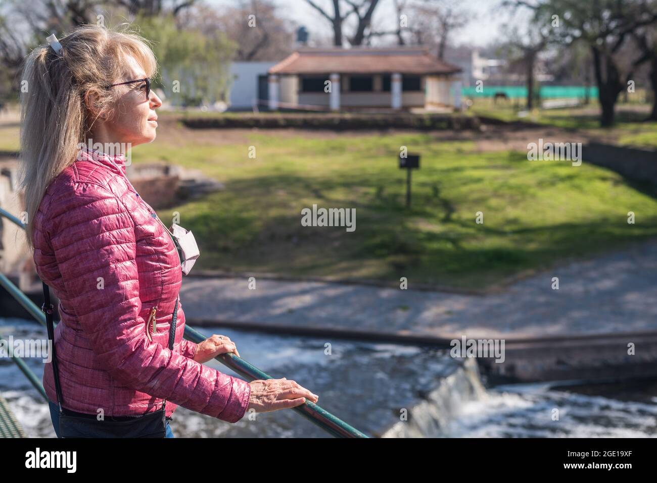 Seitenansicht einer erwachsenen Frau mit Sonnenbrille, die im Park steht und an einem sonnigen Tag auf dem Geländer mit einem Teich und grünem Gras dahinter steht. Stockfoto
