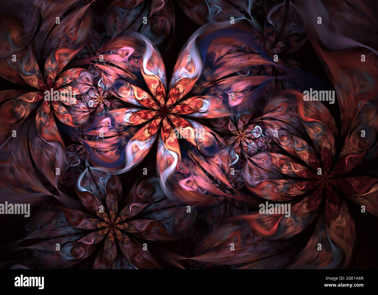 Schöne fraktale Blumenkunst. Computer generierte Grafiken. Abstrakter floraler Fraktal Hintergrund für Kunstprojekte. Stockfoto