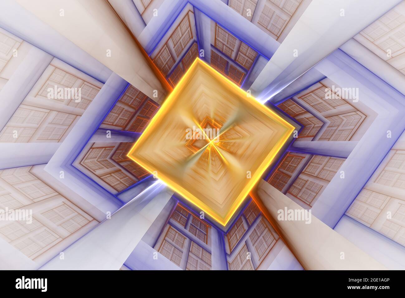 Ein neongrünes Kaleidoskop quadratische Form Muster Hintergrund. Abstrakter quadratischer Tunnel. Technologie-Tunnel - fraktaler Hintergrund für Kunstprojekte. Fraktal ar Stockfoto