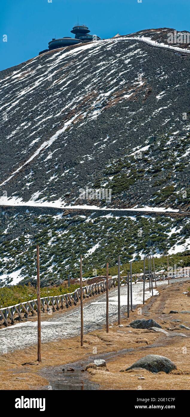 Der höchste Gipfel des Riesengebirges - Sniezka (Śnieżka - 1603 METER Ü.D.M.) - ist auch der höchste Gipfel des Sudetengebirges. Vertikales Panorama. Stockfoto