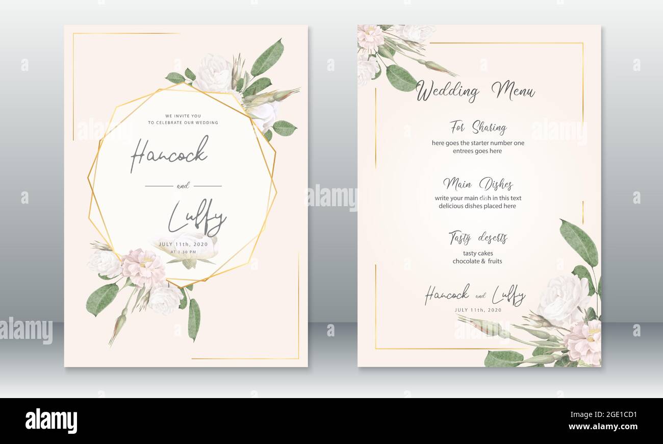 Vorlage für eine luxuriöse Hochzeitseinladungskarte. Eleganter Hintergrund mit goldenem Rahmen und wasserfarbigem Rosenstrauß. Vektorgrafik.EPS10 Stock Vektor
