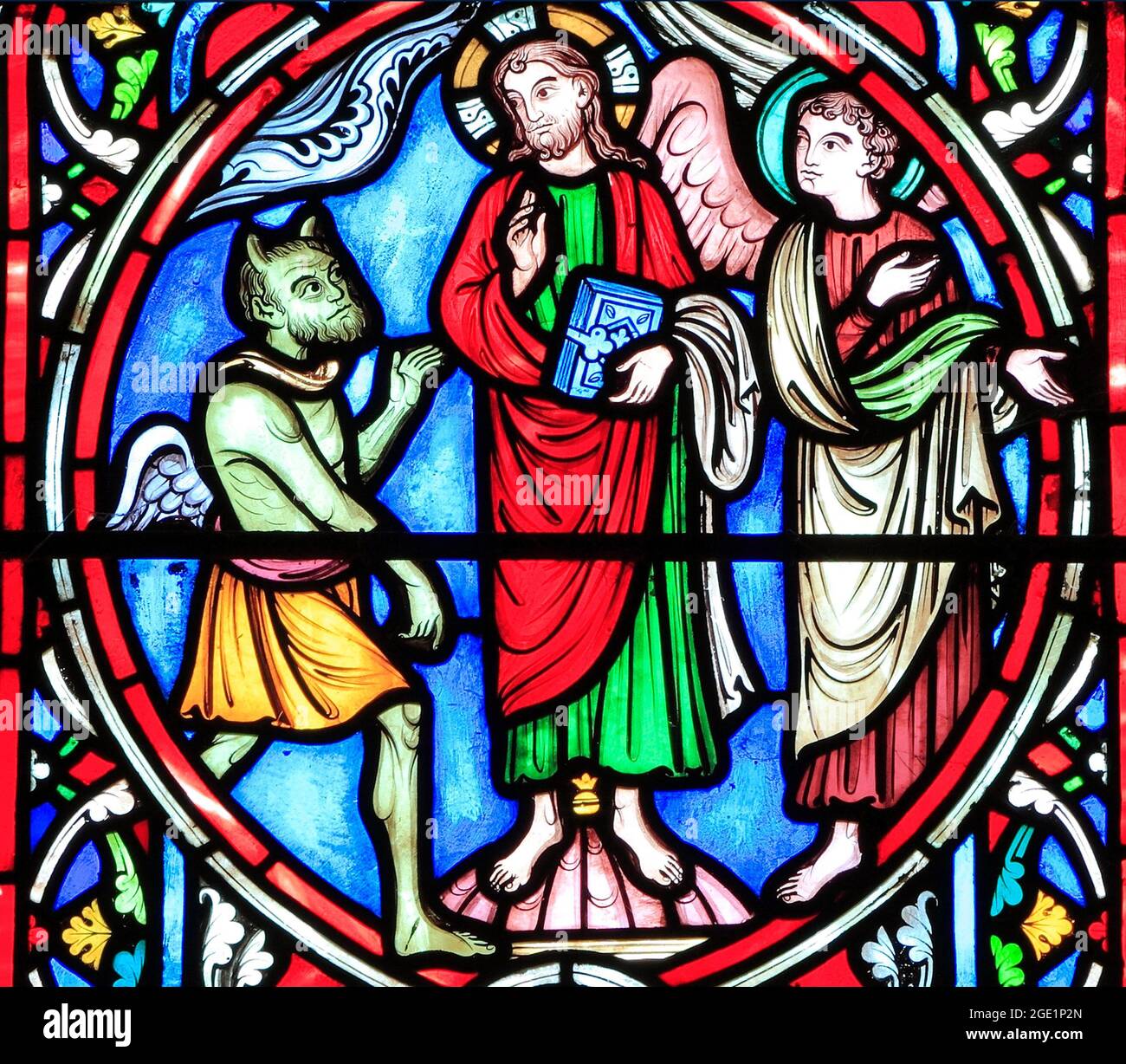 Szene aus dem Leben Jesu, von Adolph Didron, Paris, 1860, Glasfenster, Feltwell, Norfolk, England.,Jesus versucht von Satan, in der Wüste Judaas Stockfoto