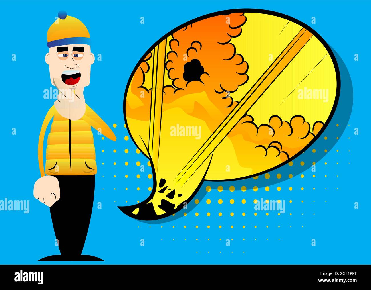 Lustige Cartoon-Mann für den Winter gekleidet mit Finger unter seinem Mund. Vektorgrafik. Stock Vektor