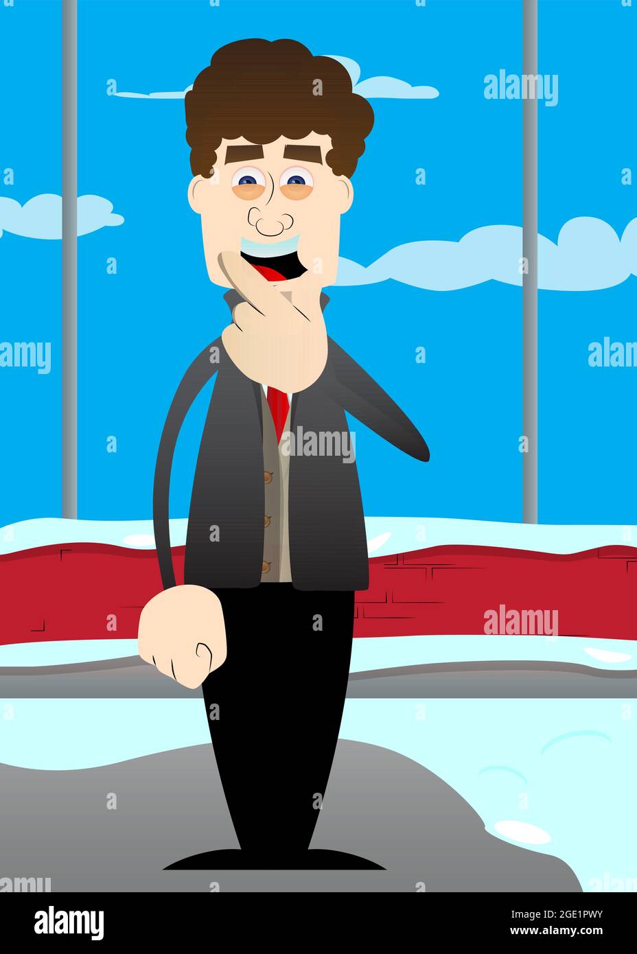 Lustige Cartoon-Mann für den Winter gekleidet mit Finger unter seinem Mund. Vektorgrafik. Stock Vektor