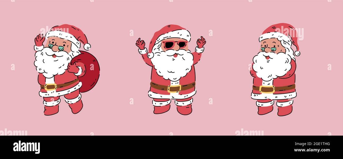 Santa-Klausel Organic Line Art Vektorgrafik. Vielfalt Pose Aktion mit Brille isoliert auf rosa Hintergrund Stock Vektor