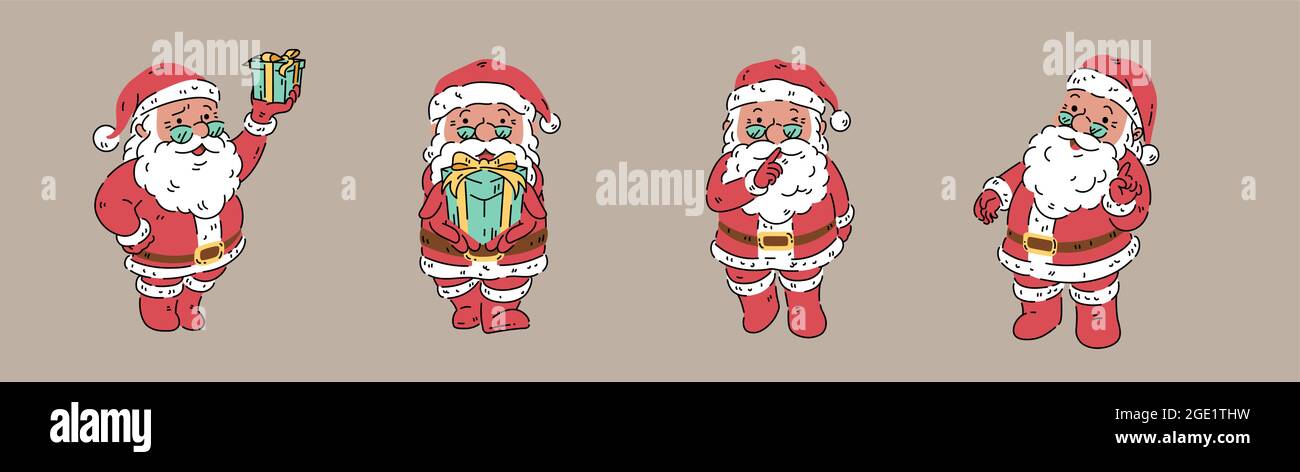 Santa-Klausel Organic Line Art Vektorgrafik. Variety Pose Aktion mit Brille isoliert auf braunem Hintergrund Stock Vektor