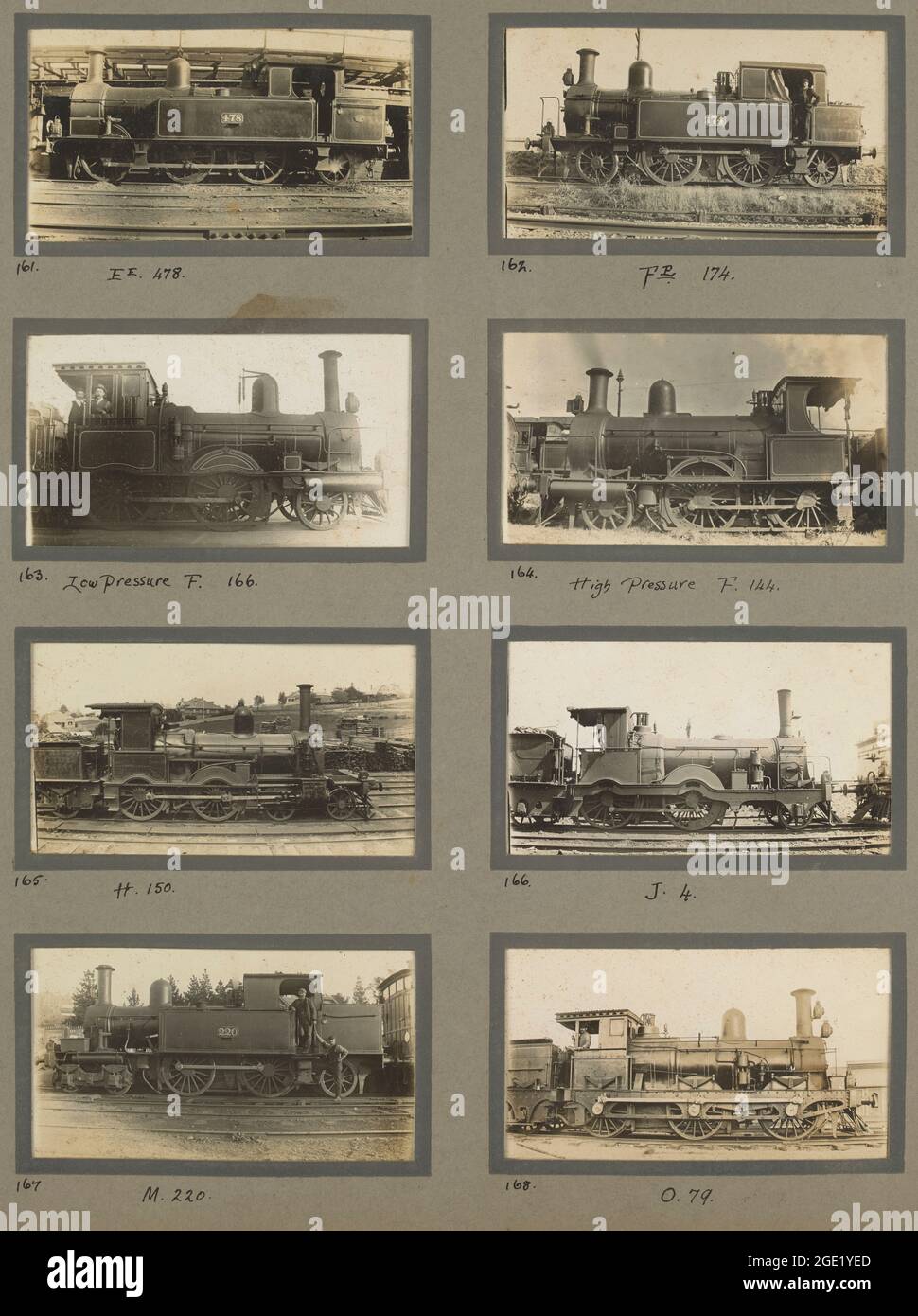 Seite mit historischen Fotos von Dampflokomotiven, um 1890 Stockfoto