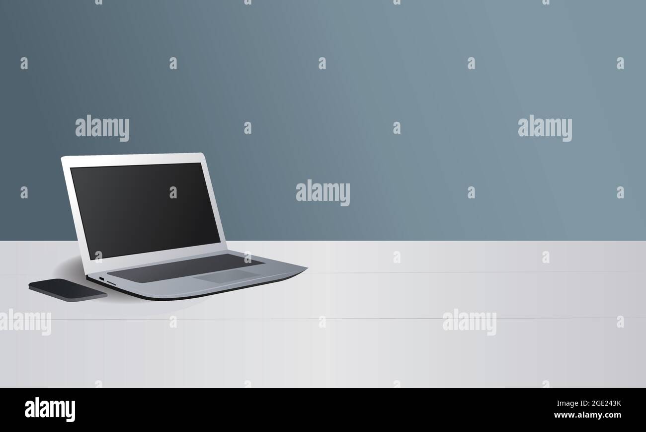 Laptop-Vektor isoliert. Angenehmer Arbeitsbereich. Realistischer Laptop oder elektronisches Gadget. Arbeiten Sie von zu Hause aus. Stock Vektor