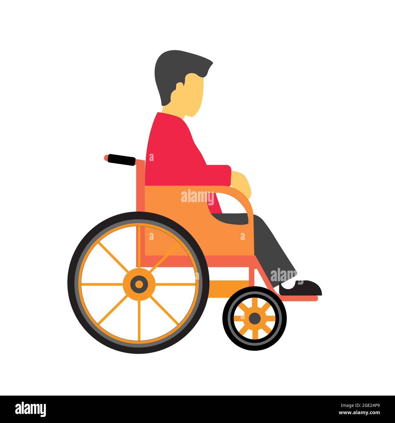 Der Mann sitzt in einem Rollstuhl auf weißem Hintergrund. Vektor für körperlich behinderte oder behinderte Personen. Stock Vektor